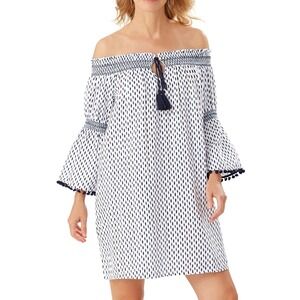 Tommy Bahama Dress Small‎ Off The Shoulder White Blue Print Tassel Boho Size S